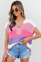 Light Blue Color Block Notch V Neck Sweater T Shirt