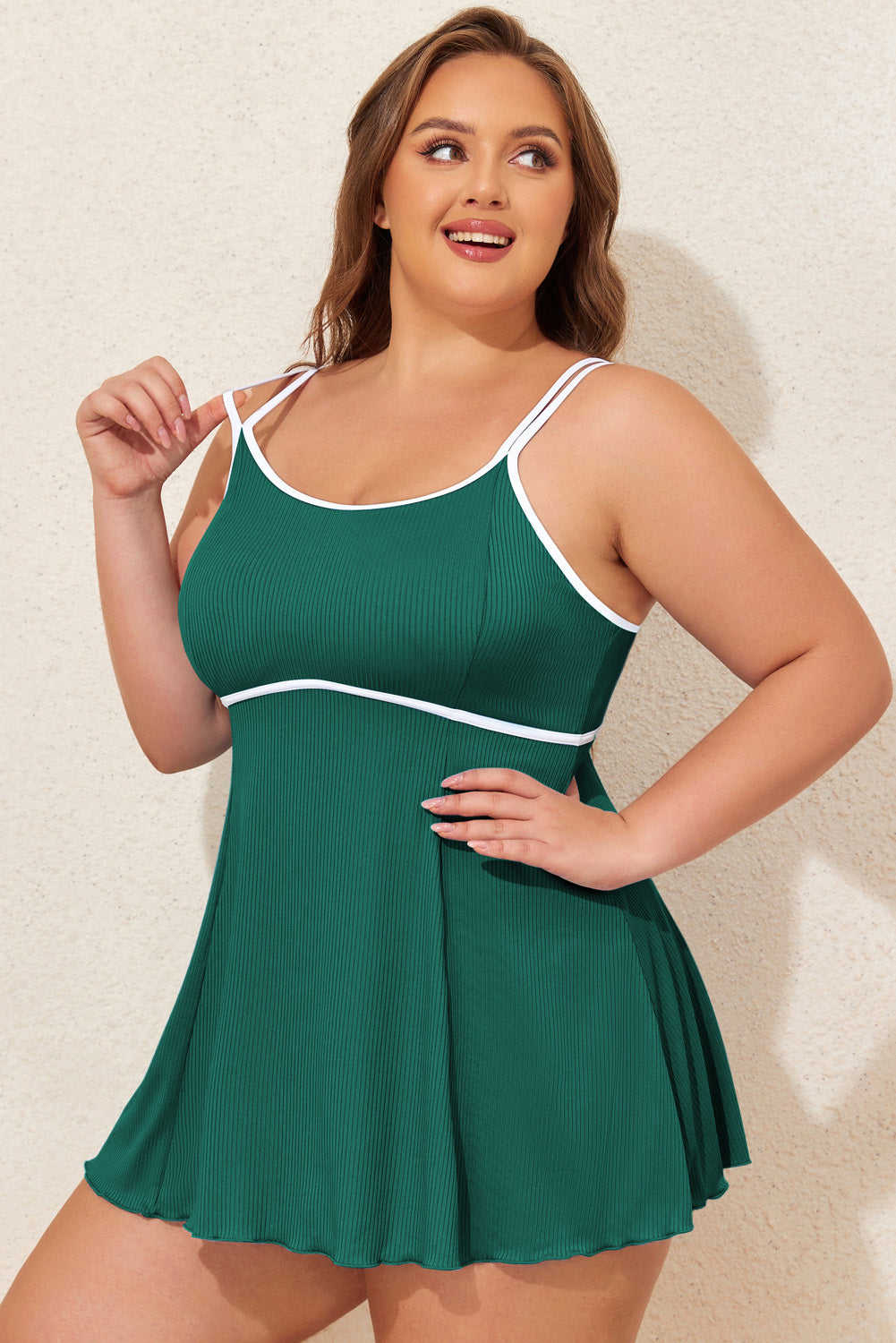 Black Plus Size Ribbed Contrast Trim Adjustable Straps 2pcs Swimsuit