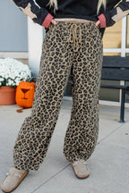 Khaki Leopard Print Drawstring Elastic Waist Loose Denim Pants with Pockets