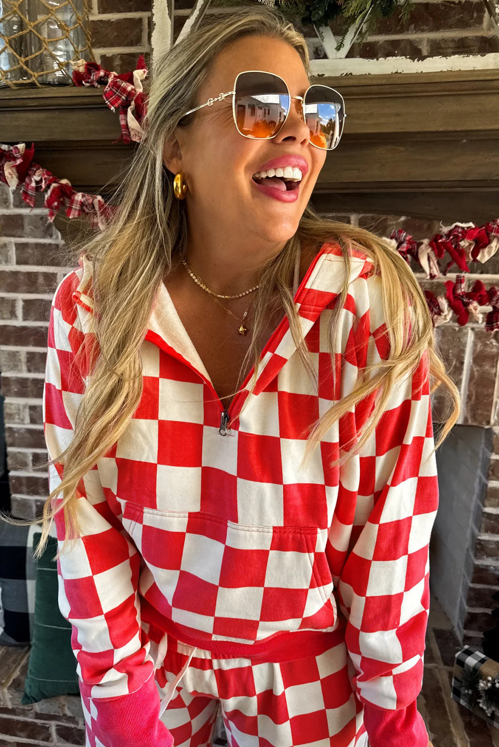 Red Checkered Print Half Zip Hoodie Loose Pant Set