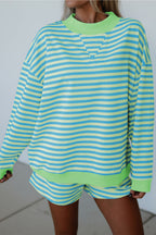 Yellow Stripe Color Block Detail Long Sleeve Pullover Elastic Waist Pull On Shorts 2pcs Set