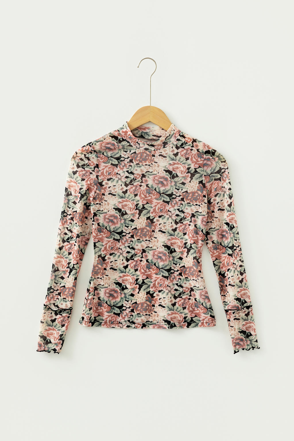 White Retro Floral Print Mock Neck Mesh Long Sleeve Top