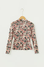 White Retro Floral Print Mock Neck Mesh Long Sleeve Top