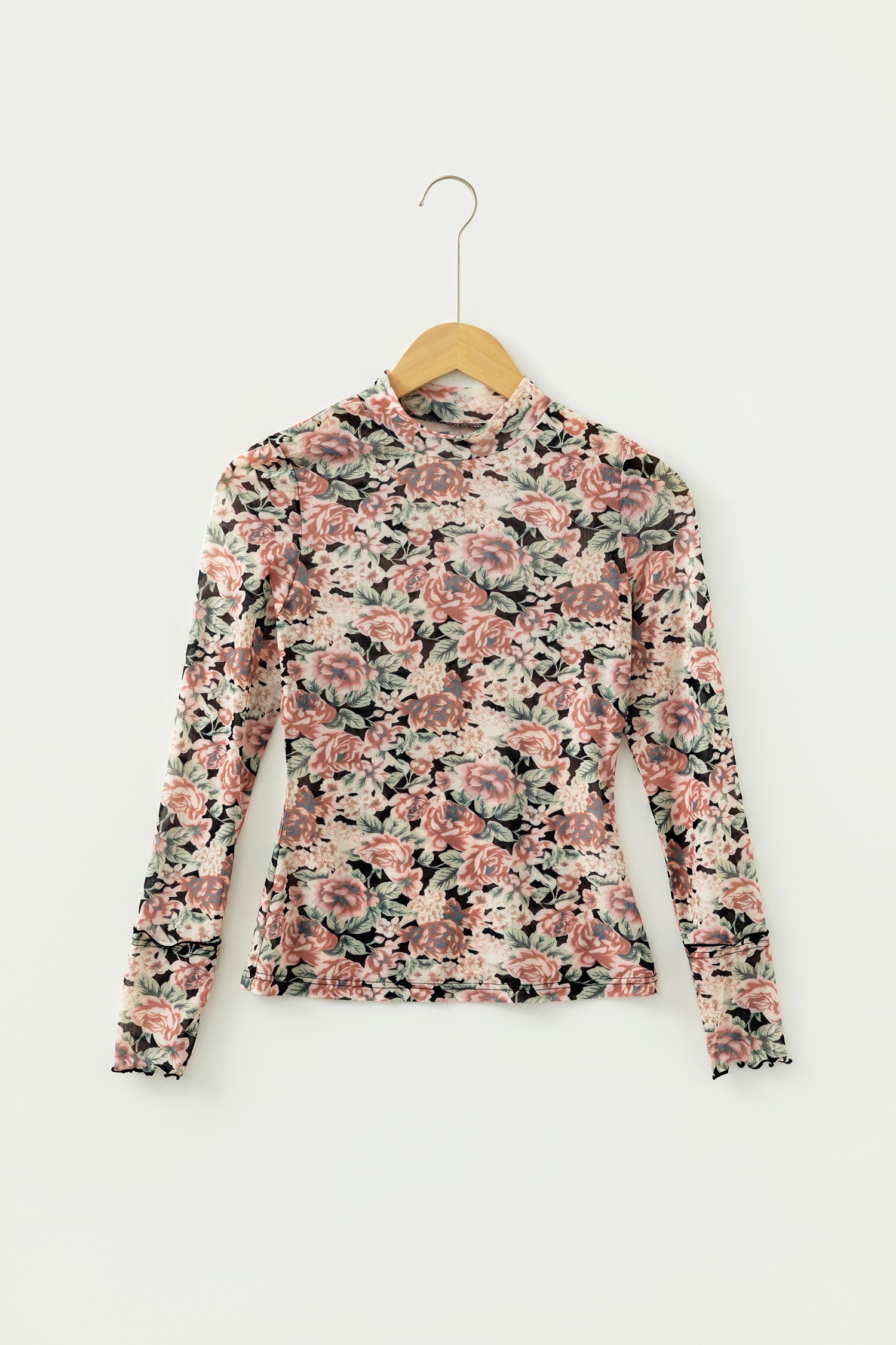 White Retro Floral Print Mock Neck Mesh Long Sleeve Top