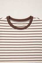 Brown Stripe Ribbed Round Neck Trim Loose Tank Top
