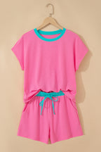 Clearly Aqua Soft Ribbed Color Block Trim Casual Short Set