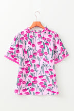 Pink Floral Lace Detail Frilled V Neck Summer Blouse