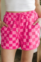 Black Checkered Drawstring Elastic Waist Casual Shorts