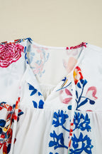 White Floral Print Tassel Tie Bracelet Sleeve Flowy Blouse