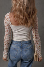 White Floral Lace Patchwork Square Neck Long Sleeve Top