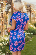 Purple Floral Striped Quarter Zip Cap Sleeve Drawstring Waist Mini Dress