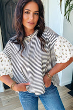 Black Stripe Floral Puff Sleeve Patchwork Round Neck Loose Top
