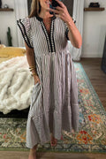 Black Stripe Double Ruffled Short Sleeve Contrast Trim V Neck Midi Dress
