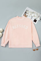 Light Pink BLESSED Embroidered Trim Patch Graphic Plus Size Mock Neck Sweatshirt