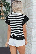 Green Stripe Collar V Neck Ruffled Short Sleeve Blouse