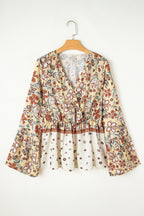 Yellow Printed Floral Bell Sleeve V Neck Wrapped Contrast Peplum Blouse