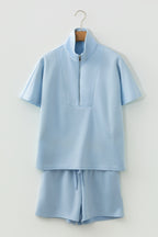 Beau Blue Solid Color Half Zip Loose Short Sleeve Sweatshirt 2pcs Set