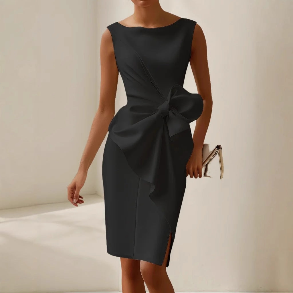 Elegant Butterfly Knot DressShort SleeveOne Shoulder Design A-Line SilhouetteWomen's Dress