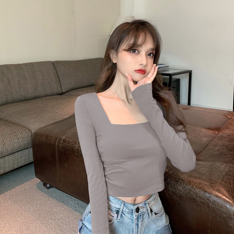 T-shirt Innerwear Vintage Fitted Top for Women Long Sleeve Early Autumn Square Neck Basic Shirt Trendy
