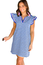 Sachet Pink Stripe Print Contrast Collar Split Neck Flutter Sleeve Short Dress