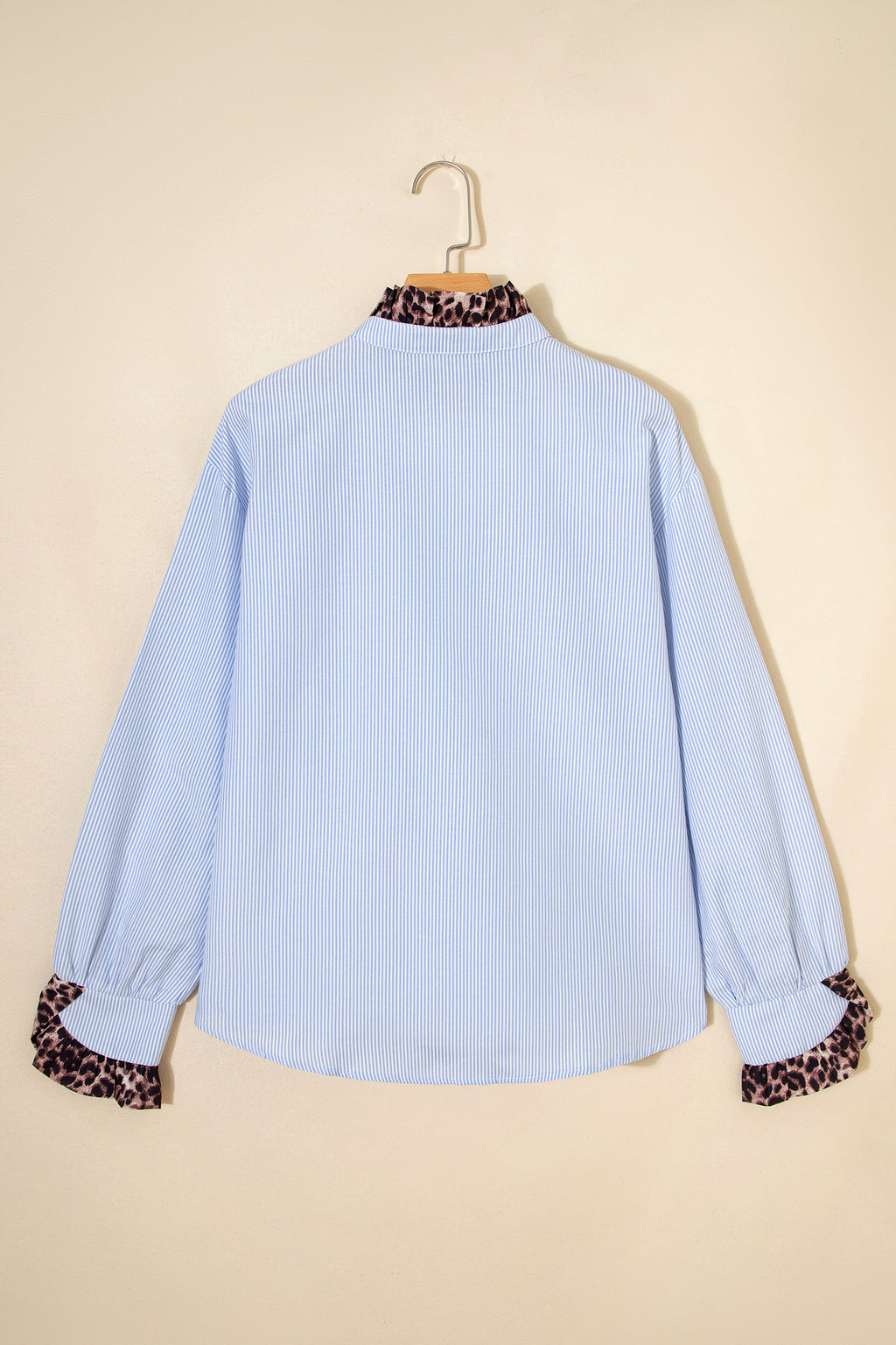 Sky Blue Stripe Ruffled Leopard Patchwork Long Sleeve Button Down Loose Shirt