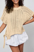 Black Plus Size Open Knit Bow Tie Short Sleeve Sweater