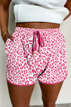 White Leopard Elastic Waistband Lace up Contrast Trim Casual Shorts