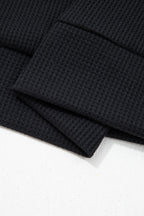 Black Waffle Knit Denim Contrast Trim Patchwork Button Polo Collar Top