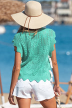 Beau Blue Pointelle Knit Patterned Scalloped Trim Short Sleeve Sweater