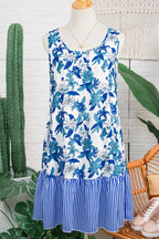 Sky Blue Floral Print U Neck Sleeveless Striped Ruffle Hem Patchwork Dress
