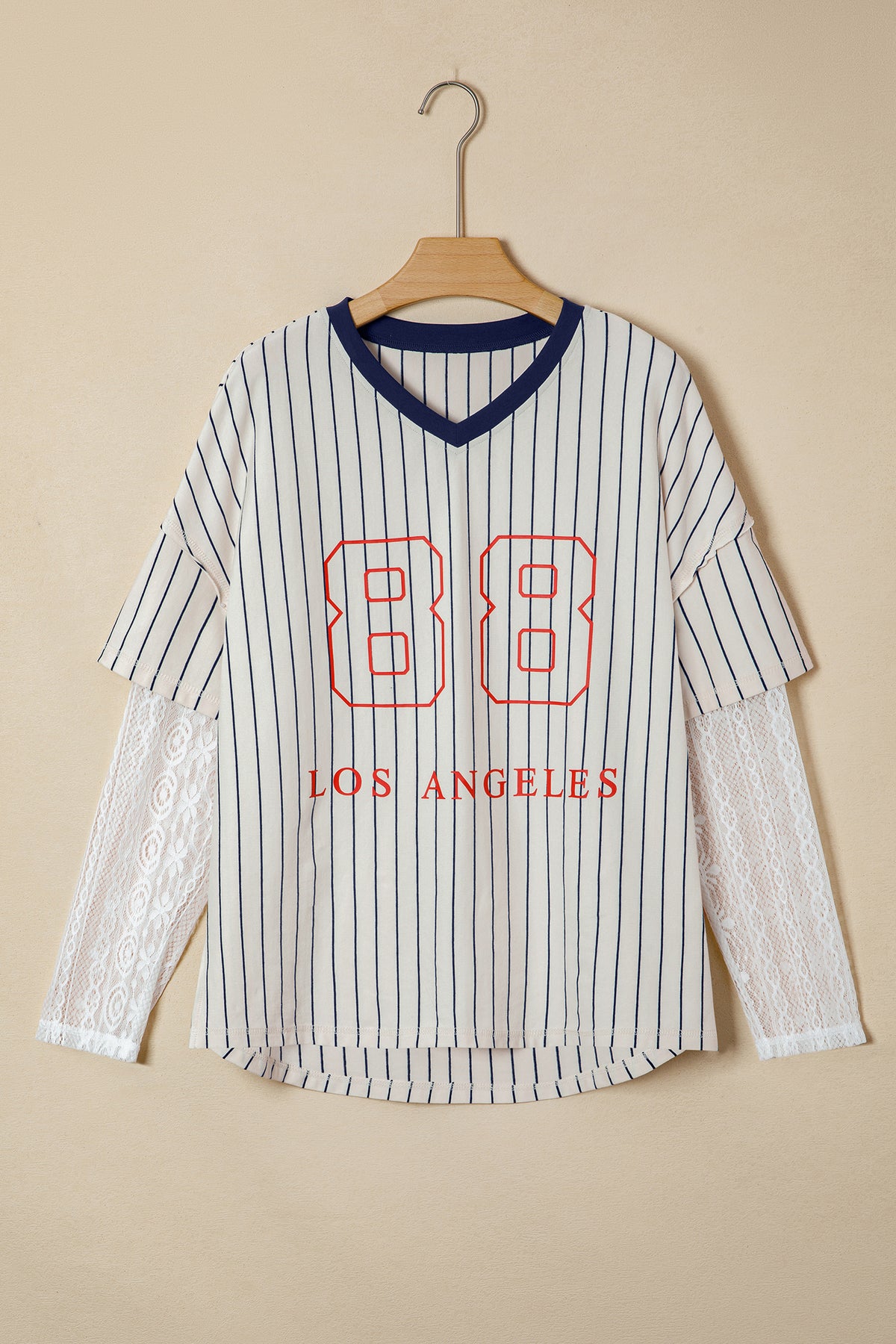 Blue Stripe 88 LOS ANGEL Graphic Lace Patchwork Faux Two Piece V Neck Top