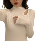 Chic Fitted Inner Top with Neckline Detail, Long Sleeve T-Shirt, Ribbed Mock Neck Base Layer for Women