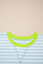 Pink Stripe Contrast Neck Loose Tee and Drawstring Shorts Set