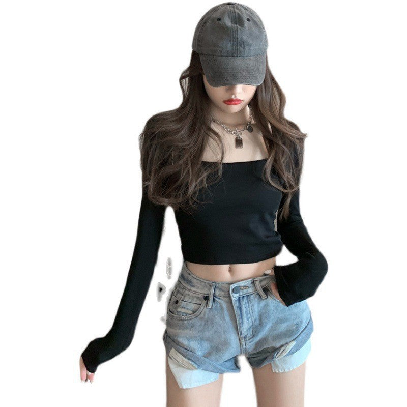 New slim fit inner bottom shirt, long sleeved T-shirt, women's early autumn spicy girl square neck short top