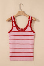 Bright Green Striped Scalloped Edge U Neck Sleeveless Sweater Vest