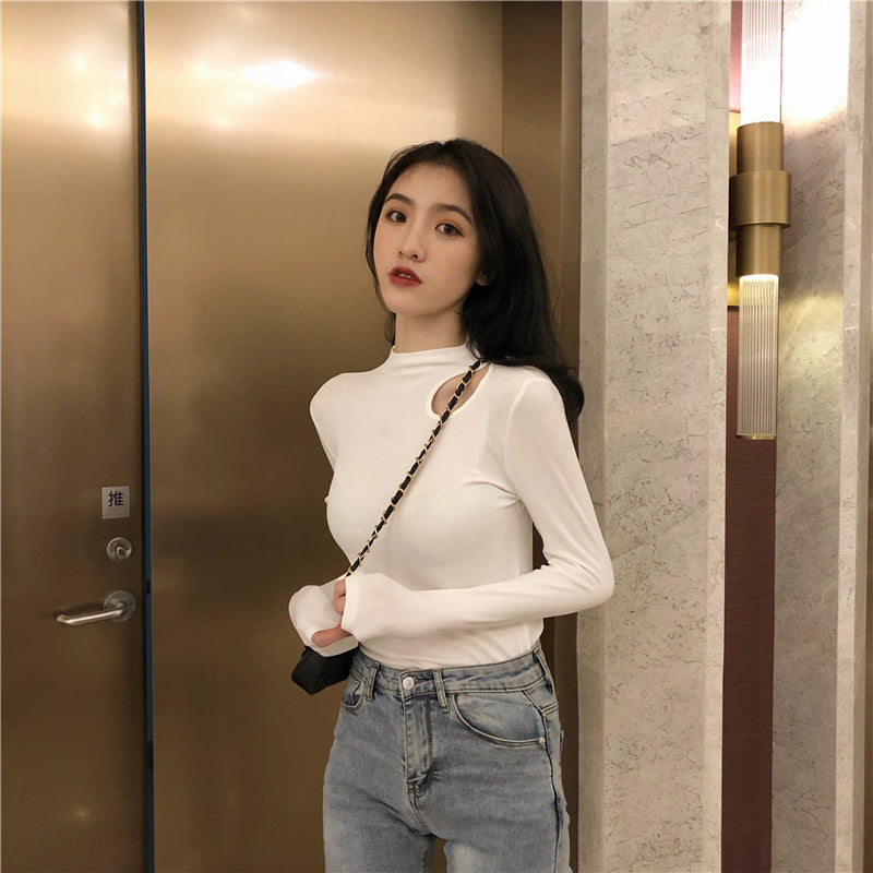 Chic Fitted Inner Top with Neckline Detail, Long Sleeve T-Shirt, Ribbed Mock Neck Base Layer for Women