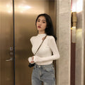 Chic Fitted Inner Top with Neckline Detail, Long Sleeve T-Shirt, Ribbed Mock Neck Base Layer for Women