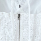 Simple Solid Color Embroidered Back Zipper Puff Sleeve V-Neck Top for Women
