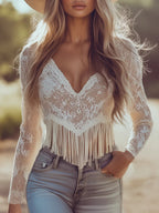 Elegant Lace Tassel Lightweight Solid Color Hollow Out T-Shirt for Women