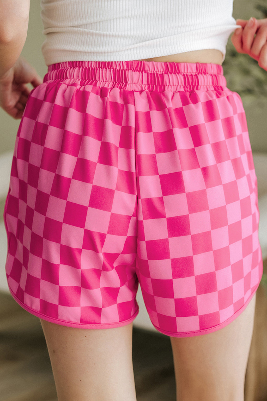 Black Checkered Drawstring Elastic Waist Casual Shorts