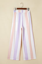 Purple Stripe Multicolored Print Drawstring Loose Pants with Side Pockets