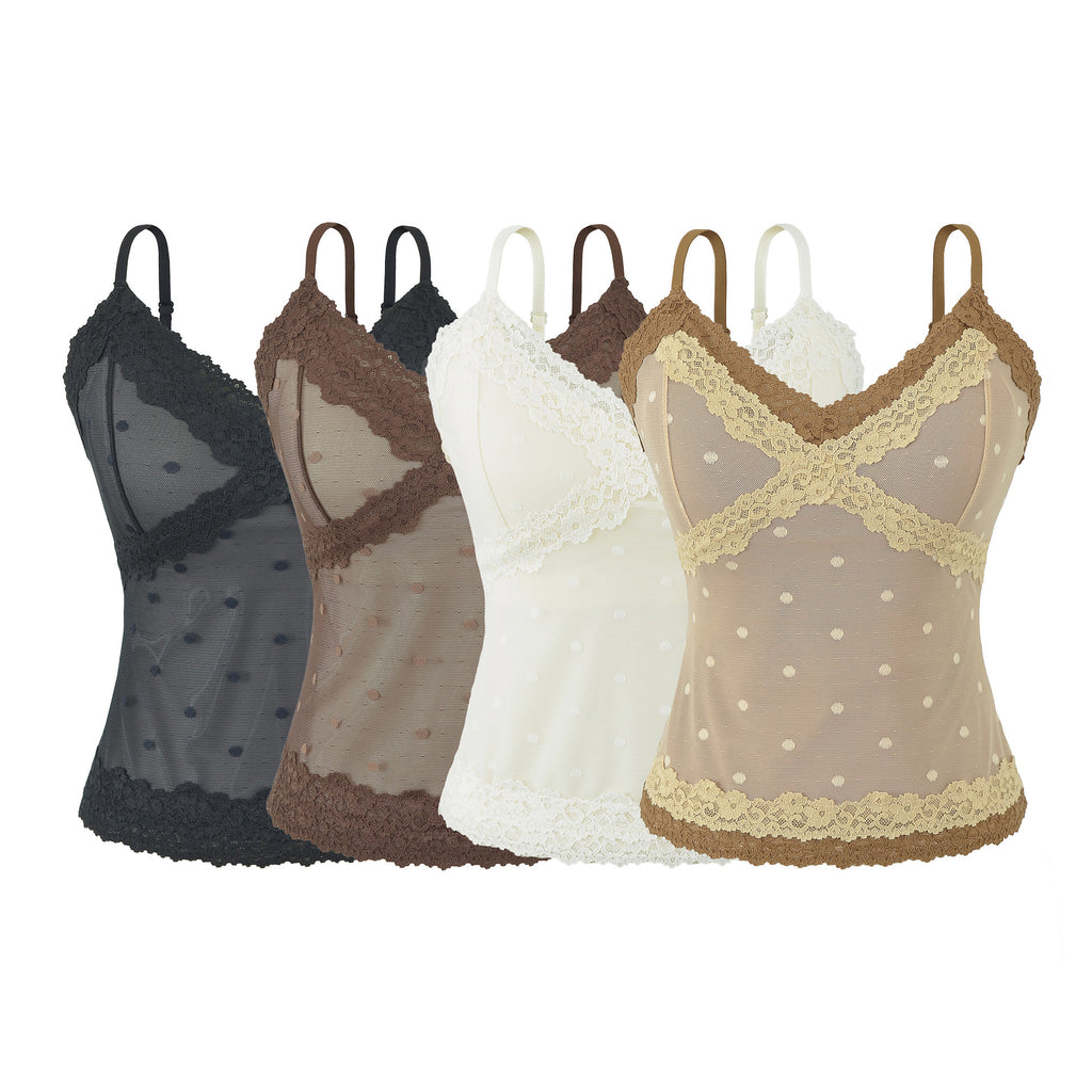 Polka Dot Lace Sleeveless Camisole Top with Built-in Pads