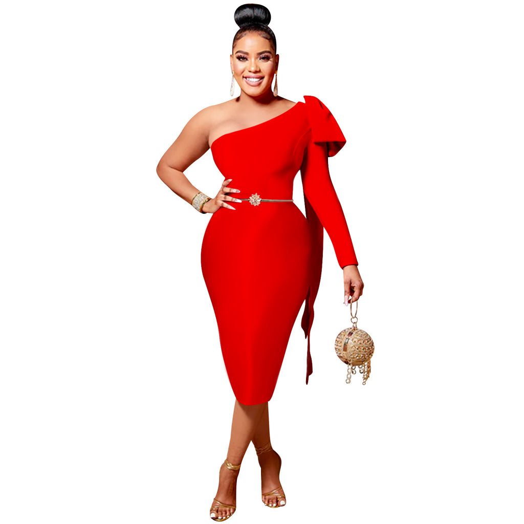 Chic Women's Single Long Sleeve Dress with Asymmetrical Neckline and Bow Ribbon Detail