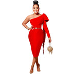 Chic Women's Single Long Sleeve Dress with Asymmetrical Neckline and Bow Ribbon Detail