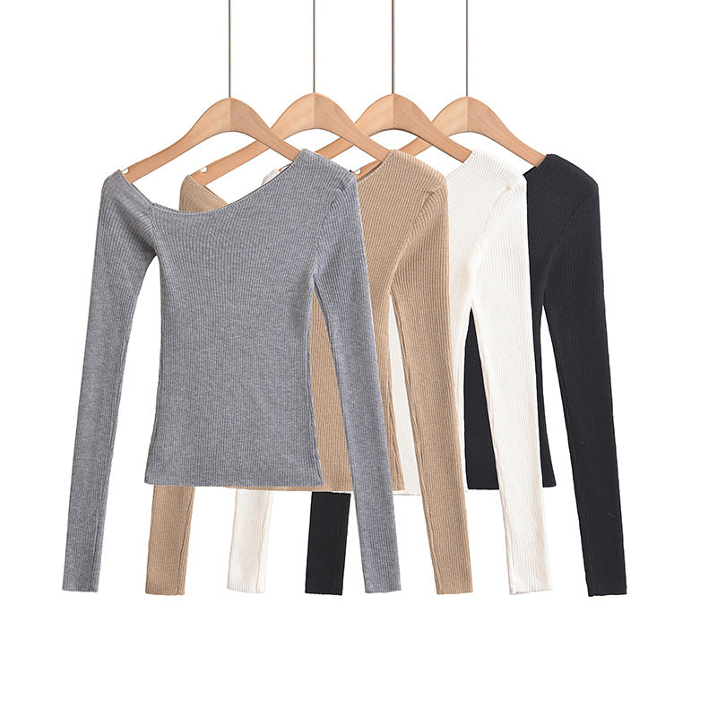 Slanted shoulder off shoulder slim fit long sleeved top