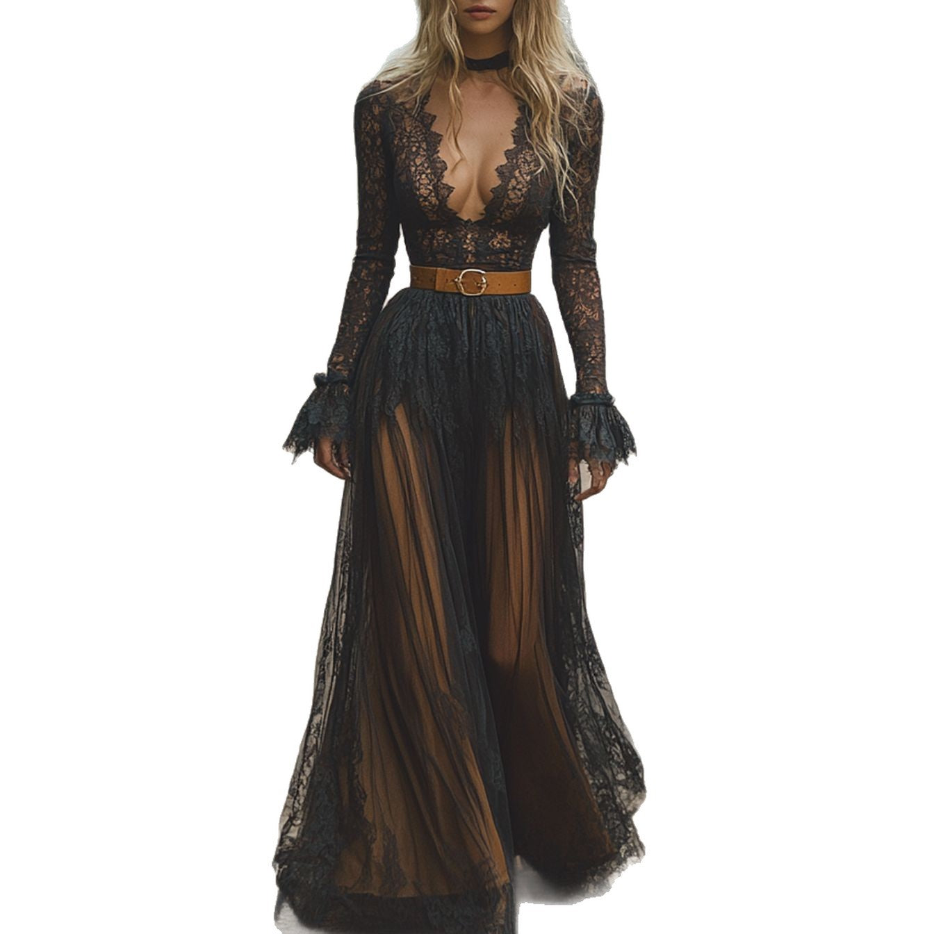 Vintage Lace V-Neck Long Sleeve Dress for Women, Rustic Style Floral Lace Retro Maxi Dress