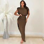 Fashion Solid Color Women's Round Neck Sleeveless Pleated Asymmetrical Slit Long Dress