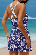Blue Crossed Back Floral Print Asymmetric Knot Side One Piece Swimsuit