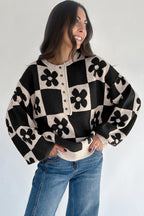 Thai Curry Flower Plaid Henley Baggy Sweater