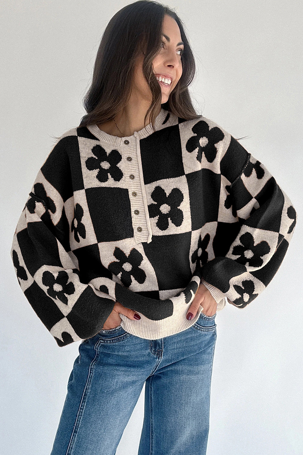 Thai Curry Flower Plaid Henley Baggy Sweater